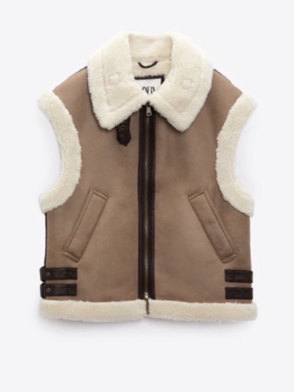 Zara Faux Suede Shearling Vest in Tan and Cream